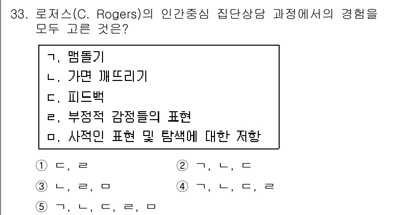 청소년상담사_2급(2교시) 2019년 33번 - 정답인 5번 "사전인 표현 및 탐색에 대한 저항"은 로저스의 인본주의 상... 에 관한 핵심 기출문제