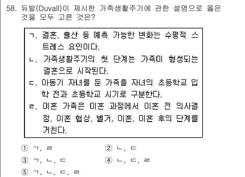 청소년상담사_2급(2교시) 2019년 58번 - 정답 2번은 가족생활 주기의 첫 단계인 결혼을 강조하고 있으며, 이는 가... 에 관한 핵심 기출문제