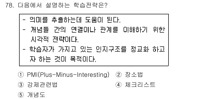 청소년상담사_2급(2교시) 2019년 78번 - 정답은 5번 '개별화'입니다. 학습전략에서 개별화는 각 학생의 필요와 특... 에 관한 핵심 기출문제