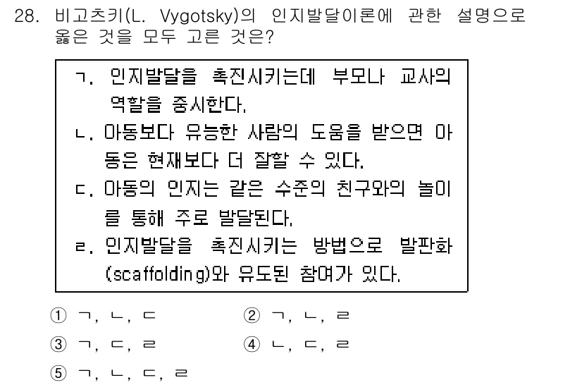 청소년상담사_3급(1교시)(구) 2015년 28번 - 비고츠키의 인지발달 이론에서는 부모와 교사의 역할이 중요하며, 사회적 상... 에 관한 핵심 기출문제