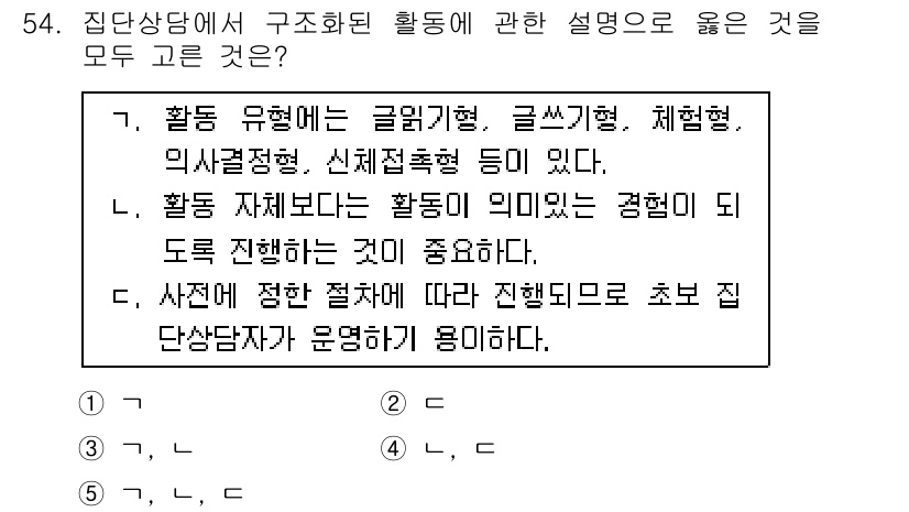 청소년상담사_3급(1교시)(구) 2015년 54번 - 정답 5번이 옳은 이유는 활동 유형이 설계된 대로 진행되는 것이 중요하기... 에 관한 핵심 기출문제