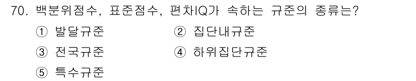 청소년상담사_3급(1교시)(구) 2015년 70번 - . 집단내규준

해설: 집단내규준은 특정 집단 내에서 점수나 평가를 기준... 에 관한 핵심 기출문제