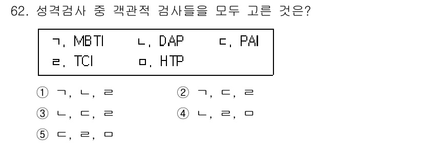 청소년상담사_3급(1교시) 2015년 62번 - 성격검사 중 객관적 검사들은 개인의 성격을 정량적으로 측정하여 신뢰성과 ... 에 관한 핵심 기출문제