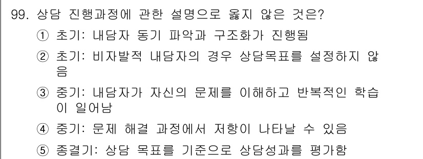 청소년상담사_3급(1교시) 2016년 99번 - 상담의 목표는 내담자의 문제를 정확히 이해하고 설정하는 것이 필수적이며,... 에 관한 핵심 기출문제