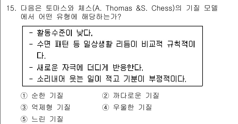 청소년상담사_3급(1교시)(구) 2017년 15번 - . '느린 기질'은 아동의 반응이 느리고 차분하며 환경에 대해 신중하게 ... 에 관한 핵심 기출문제