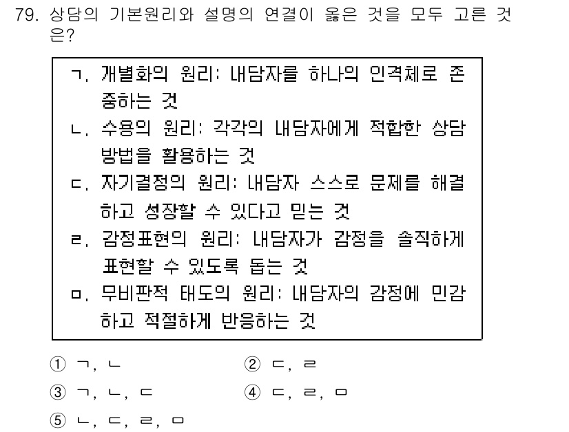 청소년상담사_3급(1교시)(구) 2017년 79번 - 이 문제에서 "상담의 기본원리와 설명의 연결이 옳은 것"을 묻고 있습니다... 에 관한 핵심 기출문제