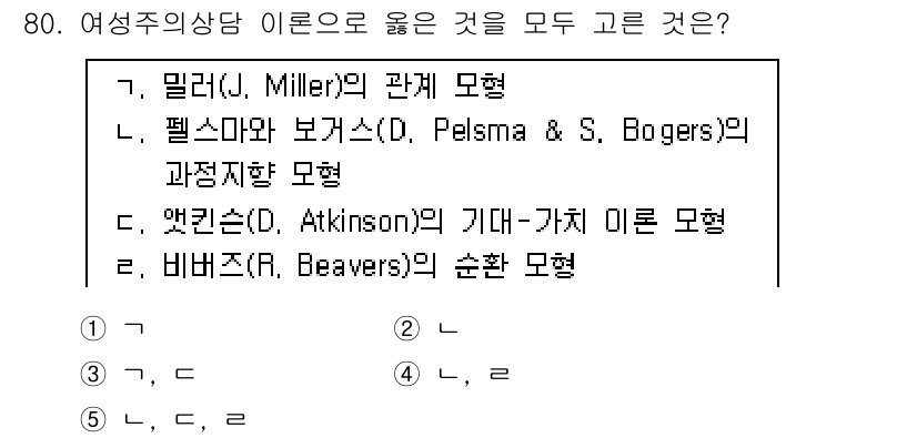 청소년상담사_3급(1교시)(구) 2017년 80번 - , 2, 3

여성주의 상담 이론은 관계 중심 접근 방식을 강조하며, 밀... 에 관한 핵심 기출문제