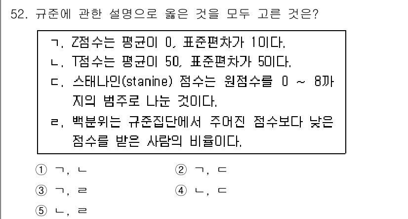 청소년상담사_3급(1교시) 2017년 52번 - 규준은 개인의 검사 점수를 비교할 기준으로, 특정 점수의 비율을 이해하는... 에 관한 핵심 기출문제