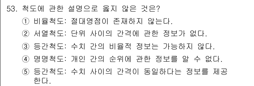 청소년상담사_3급(1교시) 2017년 53번 - 번. 절대영점이 존재하지 않는다는 설명은 수치적 측정을 할 수 없음을 의... 에 관한 핵심 기출문제