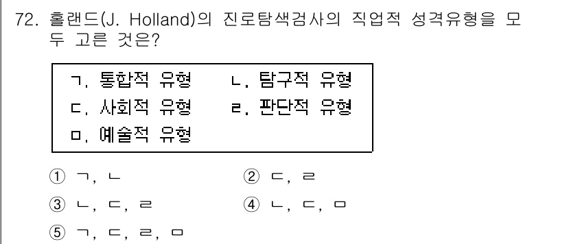 청소년상담사_3급(1교시) 2018년 72번 - 정답인 4번은 "예술적 유형"으로, 홀랜드는 개인의 직업 성격을 6가지 ... 에 관한 핵심 기출문제