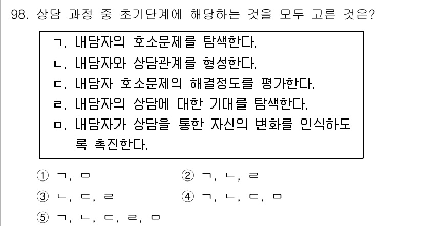 청소년상담사_3급(1교시) 2018년 98번 - . 내담자와 상담관계를 형성한다.

해설: 상담 과정의 초期 단계에서는 ... 에 관한 핵심 기출문제