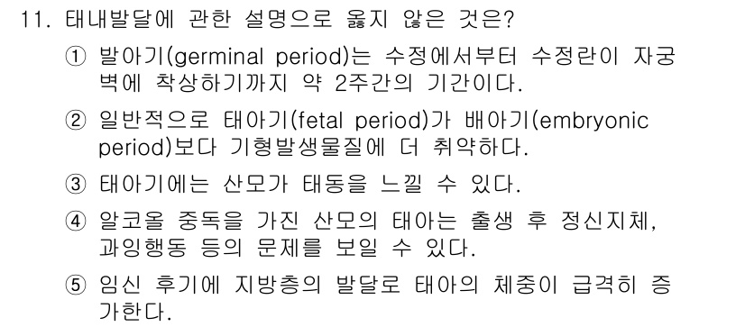 청소년상담사_3급(1교시)(구) 2019년 11번 - 일반적으로 태아기간은 배아기 이후로, 기형 발생의 중요 시점과는 구분됩니... 에 관한 핵심 기출문제