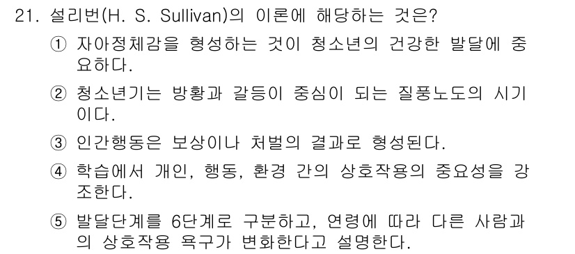 청소년상담사_3급(1교시)(구) 2019년 21번 - 설리 번(H. Sullivan)의 이론은 대인관계의 중요성을 강조하며, ... 에 관한 핵심 기출문제