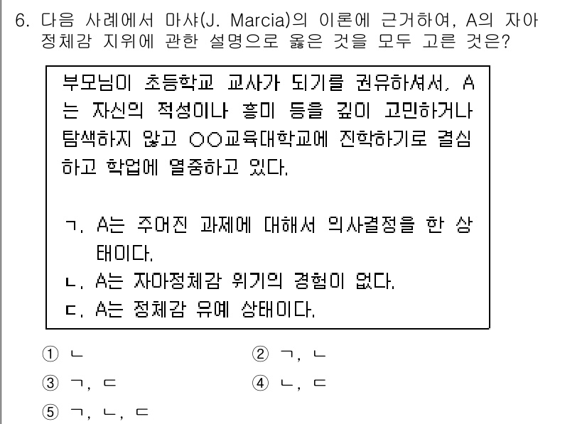 청소년상담사_3급(1교시)(구) 2019년 6번 - A의 자아 정체성은 부모의 직업과 관련된 사회적 요구에 영향을 받으며, ... 에 관한 핵심 기출문제