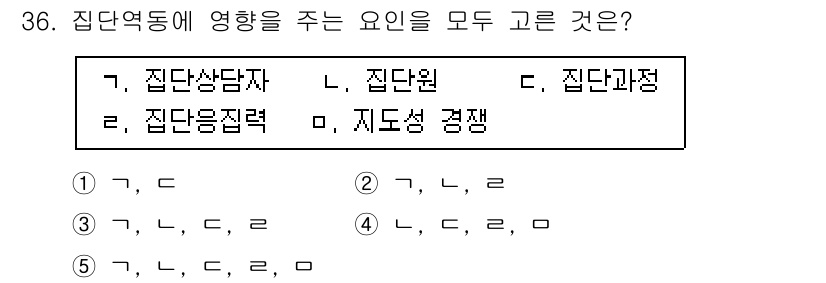 청소년상담사_3급(1교시) 2019년 36번 - . 집단상담자, 집단원, 집단과정은 모두 집단역동에 영향을 미치는 요소로... 에 관한 핵심 기출문제