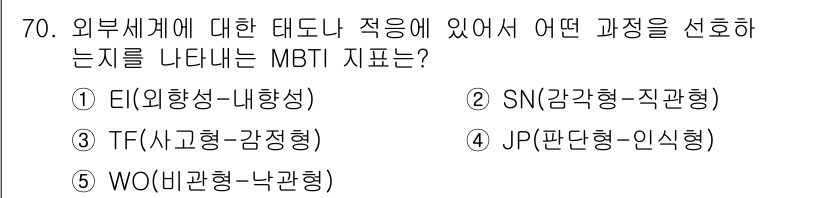청소년상담사_3급(1교시) 2019년 70번 - MBTI에서 JP는 판단형-인식형을 의미하며, 외부 세계를 대하는 태도에... 에 관한 핵심 기출문제