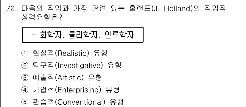 청소년상담사_3급(1교시) 2019년 72번 - 홀랜드의 직업적 성격 유형 중 '화학자'는 주로 '현실적(Realisti... 에 관한 핵심 기출문제