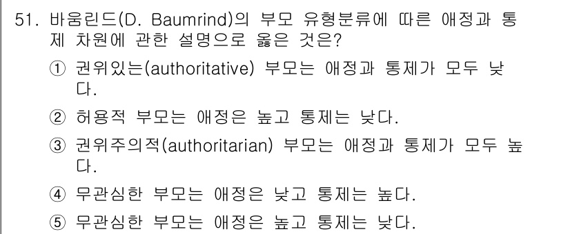청소년상담사_3급(2교시)(구) 2015년 51번 - 바움린드의 부모 유형 중 권위적인(authoritative) 부모는 자녀... 에 관한 핵심 기출문제