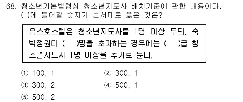 청소년상담사_3급(2교시)(구) 2015년 68번 - 정답 5번은 청소년 상담사 배치기준에 따라 급 청소년지도사 1명 이상에 ... 에 관한 핵심 기출문제