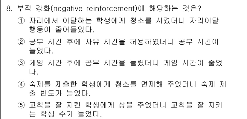 청소년상담사_3급(2교시) 2015년 8번 - 부적 강화는 행동의 결과로 불쾌한 자극이 제거되어 행동이 증가하는 과정을... 에 관한 핵심 기출문제