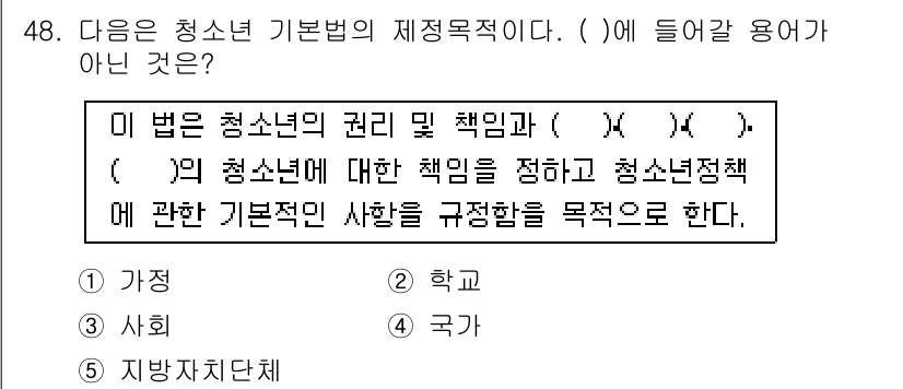 청소년상담사_3급(2교시)(구) 2016년 48번 - 청소년기본법 제정 목적에는 청소년의 권리 및 책임이 포함되며, 청소년 정... 에 관한 핵심 기출문제