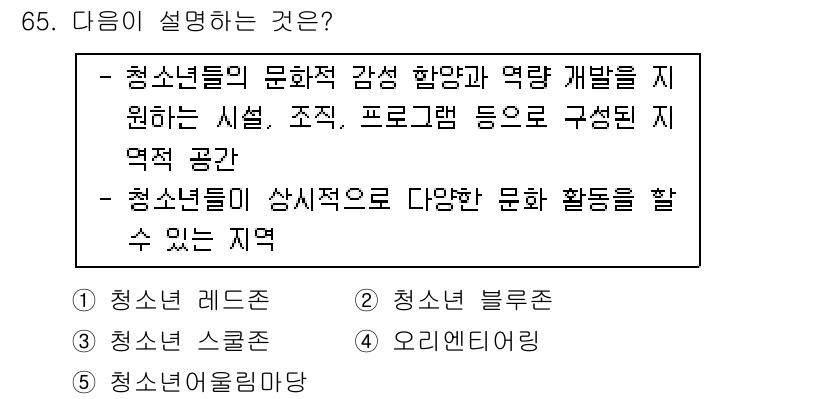청소년상담사_3급(2교시)(구) 2016년 65번 - 정답은 5번 "청소년 여울미다"입니다. 이 지역은 청소년들이 다양한 문화... 에 관한 핵심 기출문제