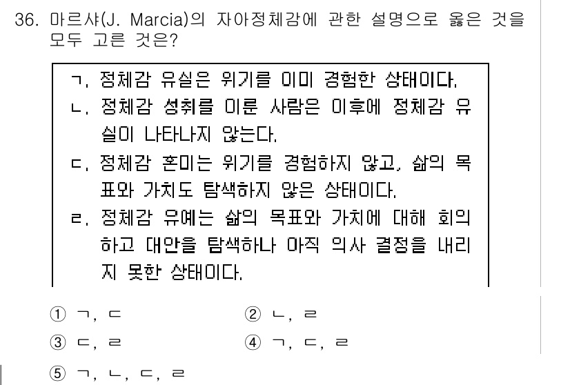 청소년상담사_3급(2교시) 2016년 36번 - 정체성 혼란은 위기를 경험하지 않고, 삶의 목표가 불명확한 상태를 의미합... 에 관한 핵심 기출문제