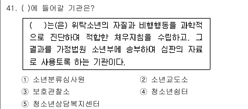 청소년상담사_3급(2교시) 2016년 41번 - ) 소년주 Abuse 예방 심리치료 기관.

해설: 이 기관은 위기 청소... 에 관한 핵심 기출문제