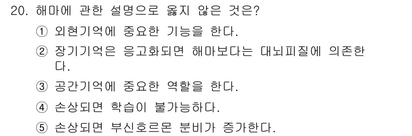 청소년상담사_3급(2교시)(구) 2017년 20번 - 해마에 관한 설명 중 옳지 않은 것은 ④번입니다. 해마는 학습과 기억을 ... 에 관한 핵심 기출문제