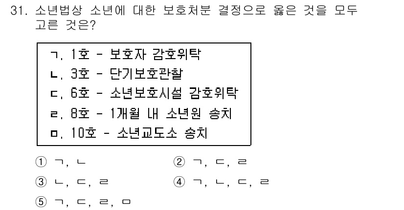 청소년상담사_3급(2교시)(구) 2017년 31번 - 소년법상 소년의 보호처분에 대한 결정은 주로 소년원 송치와 같은 강화된 ... 에 관한 핵심 기출문제
