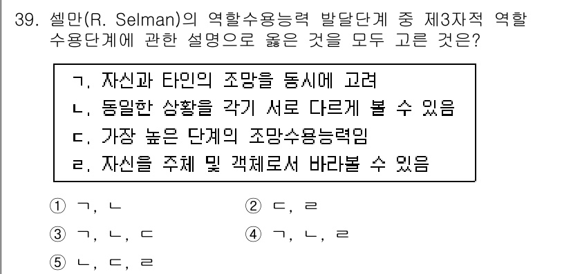 청소년상담사_3급(2교시)(구) 2017년 39번 - 정답인 이유는 셀만의 역할수용능력 이론에서, 자신과 타인의 관점을 동시에... 에 관한 핵심 기출문제