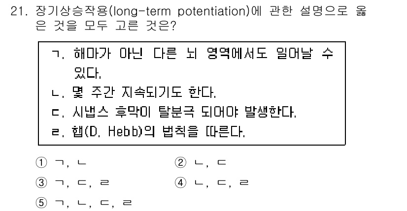 청소년상담사_3급(2교시) 2017년 21번 - 장기활성화(long-term potentiation, LTP)는 시냅스의... 에 관한 핵심 기출문제