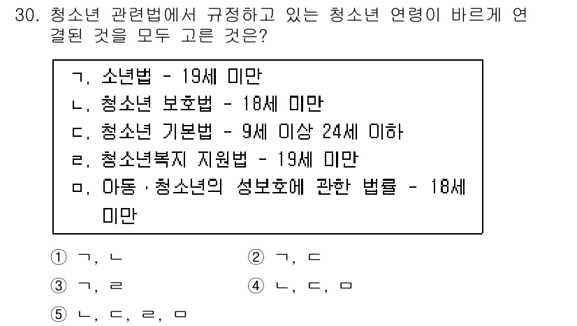 청소년상담사_3급(2교시) 2017년 30번 - 청소년 관련법에서 청소년을 정의하는 기준은 "소년법"과 관련이 있다. 소... 에 관한 핵심 기출문제