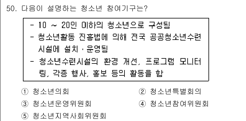 청소년상담사_3급(2교시) 2017년 50번 - 정답은 3번 청소년참여위원회입니다. 청소년참여위원회는 청소년의 참여를 촉... 에 관한 핵심 기출문제