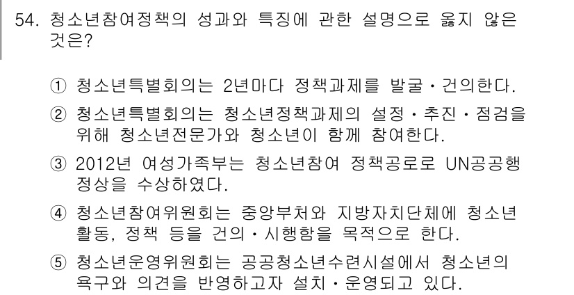청소년상담사_3급(2교시) 2017년 54번 - 청소년참여정책의 성공과 특징에 대한 설명 중 잘못된 것은 2012년 여학... 에 관한 핵심 기출문제