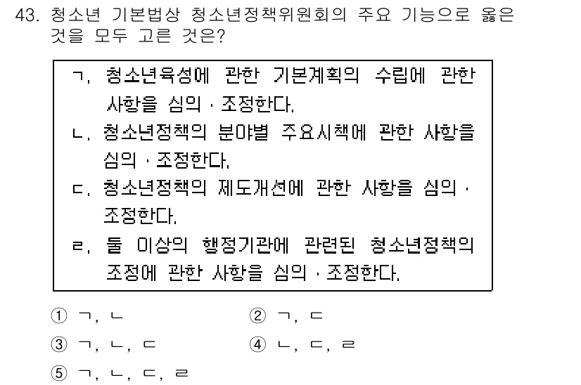 청소년상담사_3급(2교시)(구) 2018년 43번 - 문항에서 요구하는 것은 청소년 기본법 상 청소년정책위원회의 주요 기능에 ... 에 관한 핵심 기출문제