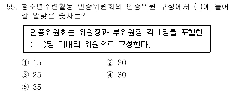 청소년상담사_3급(2교시)(구) 2018년 55번 - 정답은 15입니다. 청소년상담사 인증위원회의 위원장은 1명, 부위원장은 ... 에 관한 핵심 기출문제