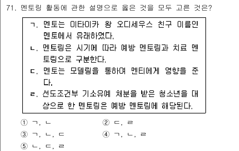 청소년상담사_3급(2교시)(구) 2018년 71번 - 멘토링은 모델링을 통해 멘티에게 긍정적인 영향을 주며, 이는 멘토가 자신... 에 관한 핵심 기출문제