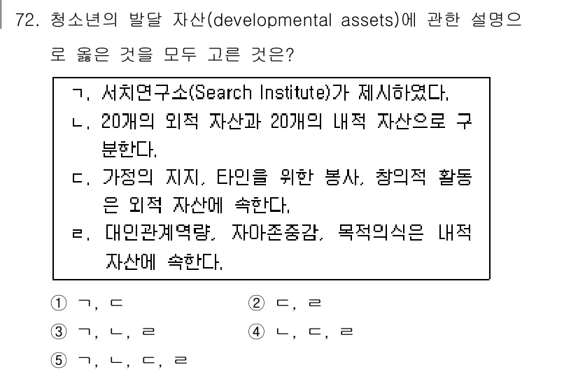 청소년상담사_3급(2교시)(구) 2018년 72번 - 정답 5번은 Developmental Assets의 정의를 포함한 설명이... 에 관한 핵심 기출문제
