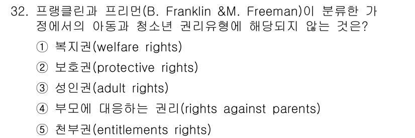 청소년상담사_3급(2교시) 2018년 32번 - 프랭클린과 프리먼이 제시한 이론에서는 아동과 청소년의 권리를 복지권, 보... 에 관한 핵심 기출문제