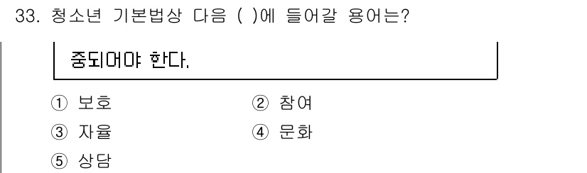청소년상담사_3급(2교시) 2018년 33번 - . 보호

해설: 청소년 기본법에 따르면 청소년은 보호받아야 할 대상이며... 에 관한 핵심 기출문제