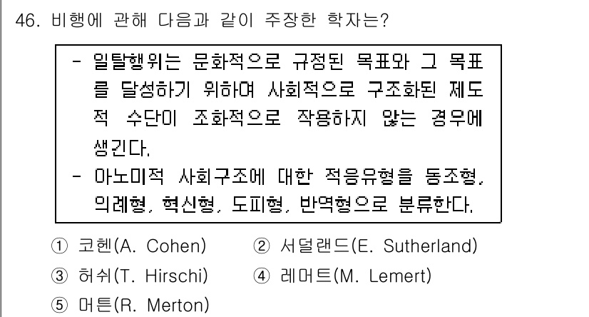 청소년상담사_3급(2교시) 2018년 46번 - 아노미적 사회는 사회적 규범이 약화되어 개인이 목표를 달성하는 데 혼란이... 에 관한 핵심 기출문제