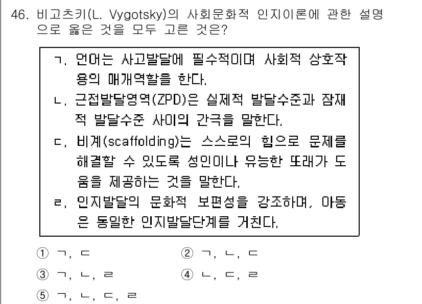 청소년상담사_3급(2교시)(구) 2019년 46번 - 비고츠키의 사회문화적 인지이론에서 언어는 사고 발달의 필수 요소로, 사회... 에 관한 핵심 기출문제
