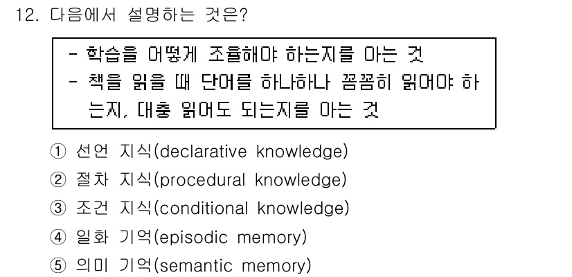 청소년상담사_3급(2교시) 2019년 12번 - 정답은 3번 조건 기억(conditional knowledge)입니다. ... 에 관한 핵심 기출문제