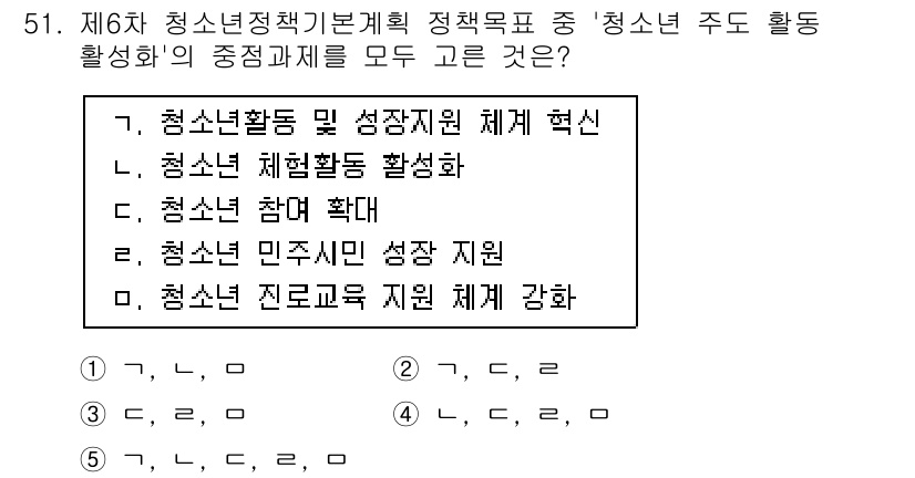 청소년상담사_3급(2교시) 2019년 51번 - . 청소년활동 및 성장지원 체계 혁신  
이유: 청소년 정책의 주된 목표... 에 관한 핵심 기출문제