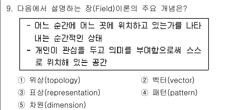 청소년상담사_3급(2교시) 2019년 9번 - . 위상(topology)

위상은 공간의 변형에 관계없이 점들의 위치 ... 에 관한 핵심 기출문제