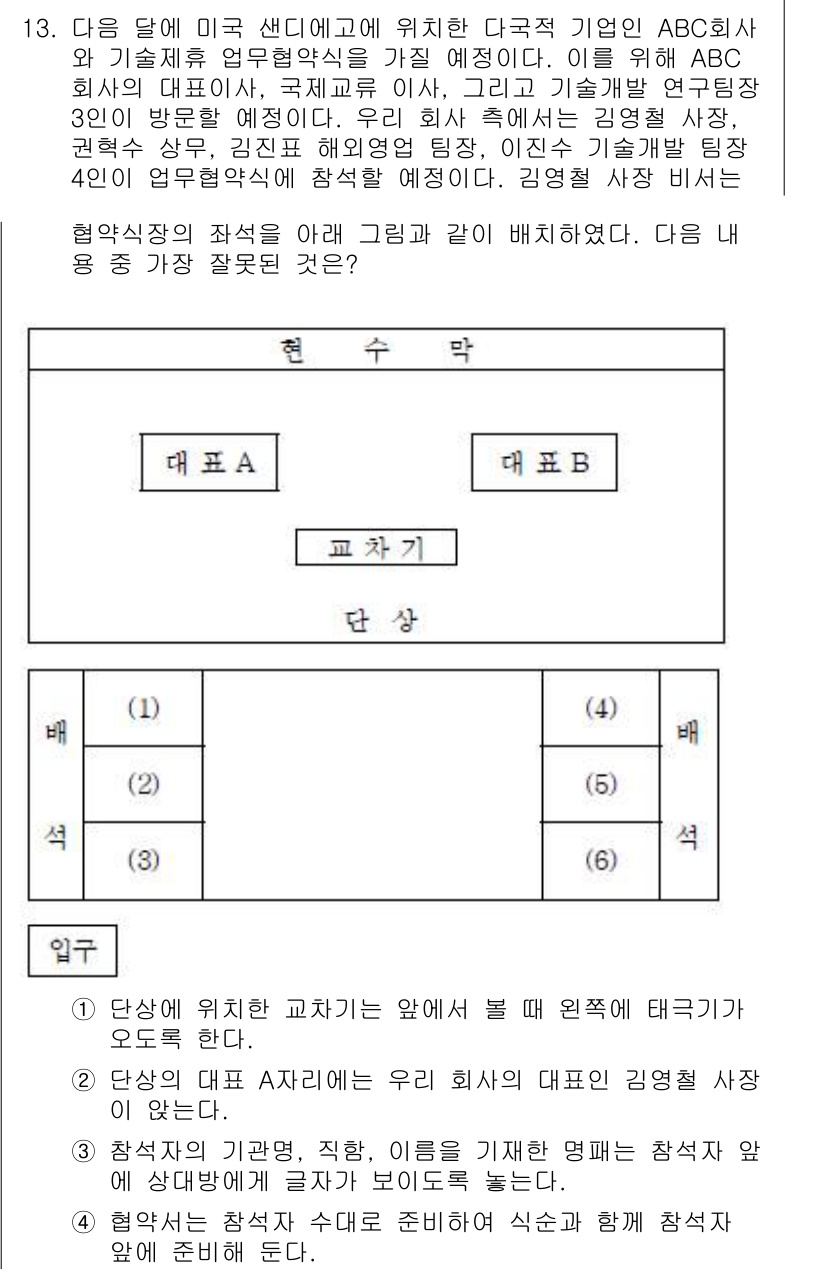 비서_1급 2019년 13번 - 정답 4번은 ABC 회사의 회의에서 양측이 상반된 의견을 조율하기 위한 ... 에 관한 핵심 기출문제