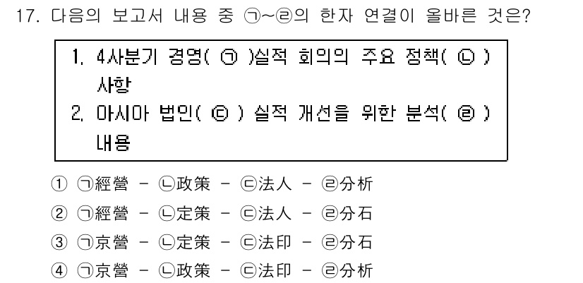 비서_1급 2019년 17번 - 번

이유: '4사분기 경영'은 경영 관련 내용으로, '실적 회의의 주요... 에 관한 핵심 기출문제
