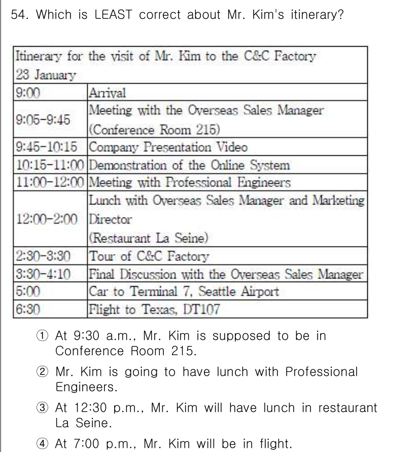 비서_2급 2019년 54번 - 문서에 따르면, Mr. Kim은 9:30 a.m.에 컨퍼런스 룸 215에... 에 관한 핵심 기출문제