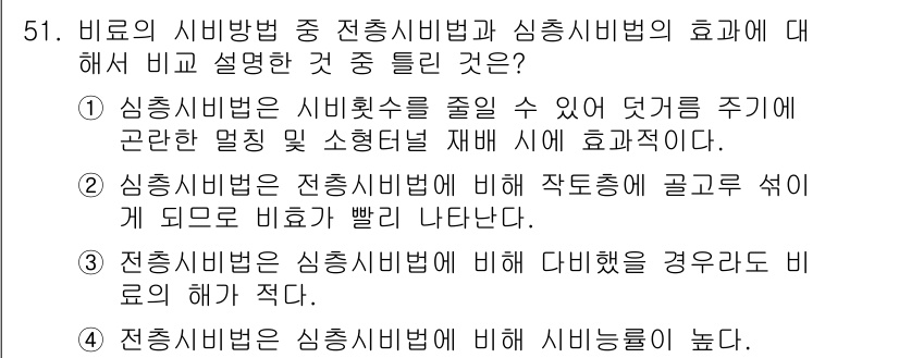 원예기능사 2015년 51번 - 싱충시비법은 전환시비법에 비해 작물에게 곰팡이와 해충 방지 효과가 빠르게... 에 관한 핵심 기출문제